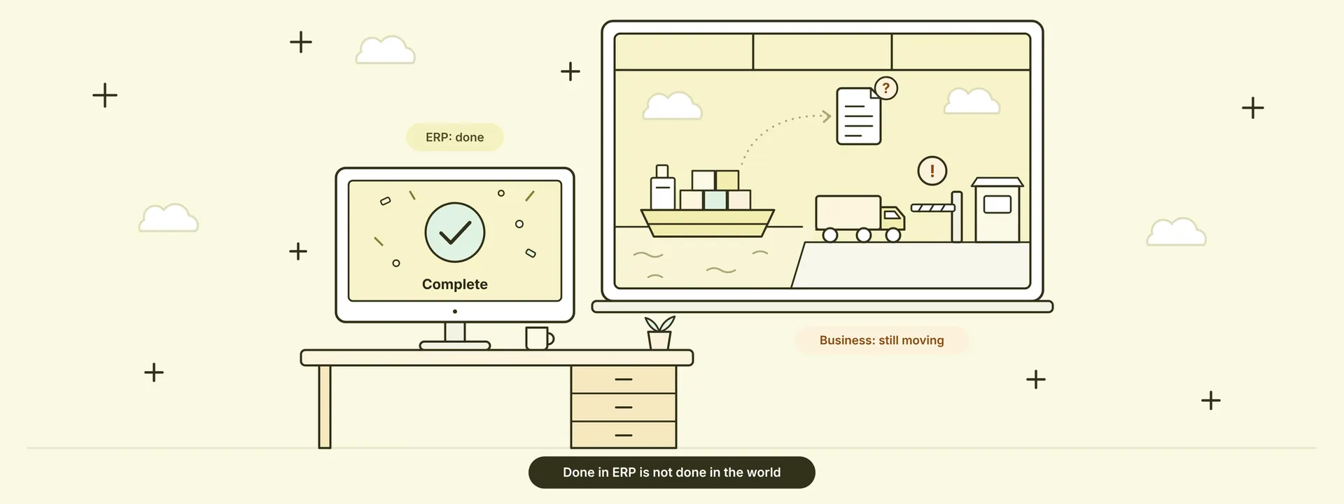 ERP shows the transaction complete, while in the real world the shipment, documents and gate check are still moving